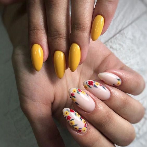 Żółte paznokcie z wzorkami na wiosnę